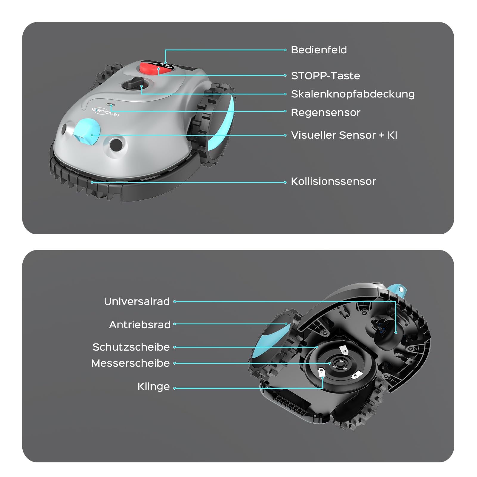 YARDCARE V100 Mähroboter ohne Begrenzungskabel, Vision Navigation, bis 150m², Hinderniserkennung, Ersatzklingen, Spiralschnitt