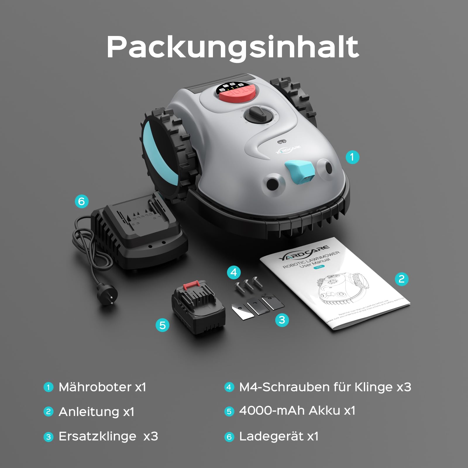 YARDCARE V100 Mähroboter ohne Begrenzungskabel, Vision Navigation, bis 150m², Hinderniserkennung, Ersatzklingen, Spiralschnitt