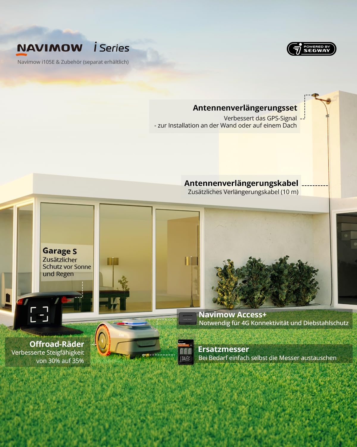 Navimow i105E Mähroboter ohne Kabel, bis 600m², RTK+Vision Navigation, Auto-Kartierung, KI Hindernisvermeidung, Igelschutz
