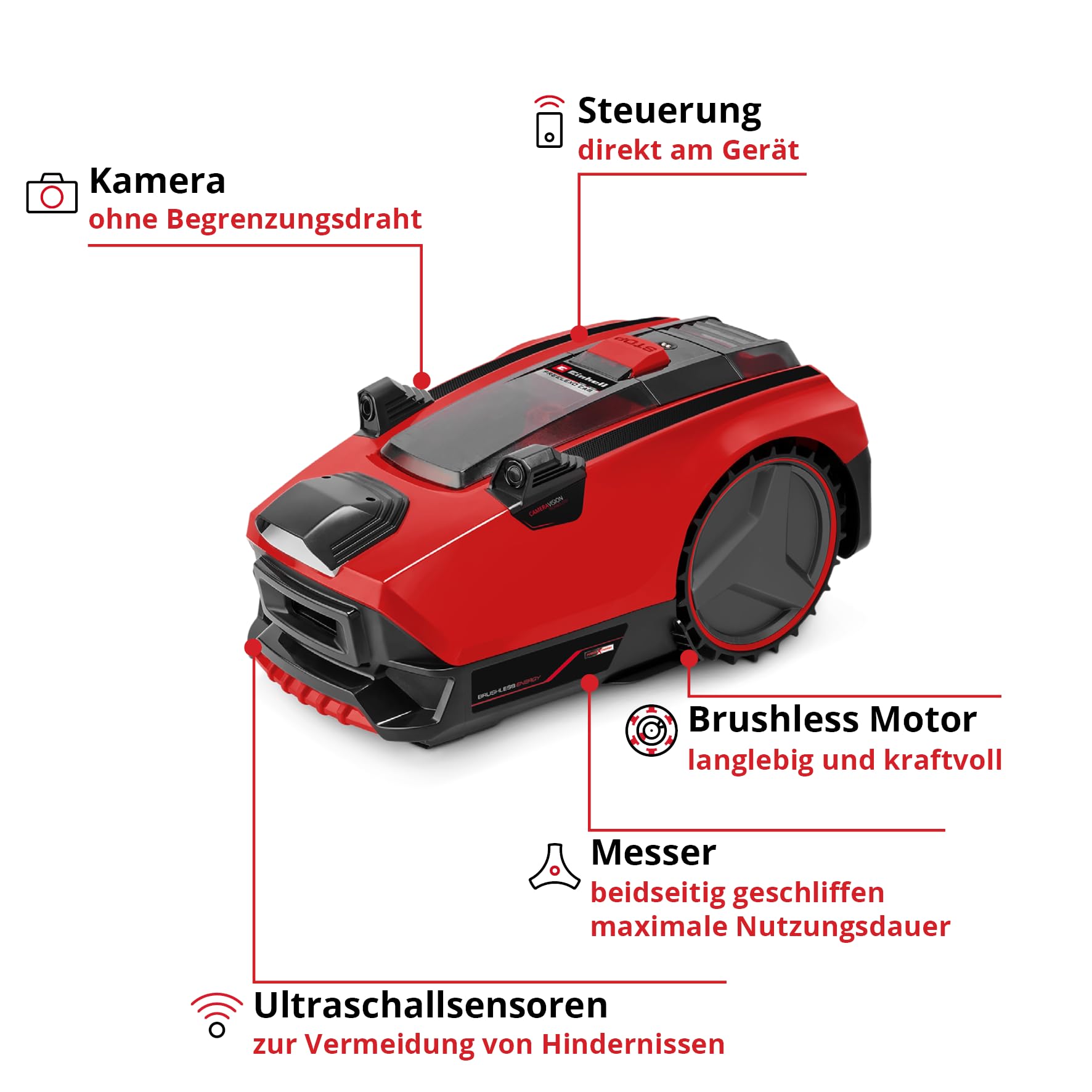 Einhell FREELEXO CAM 500 Mähroboter ohne Kabel, 18V Akku, bis 500m², 25% Steigung, 18cm Schnittbreite, inkl. 3.0Ah Akku