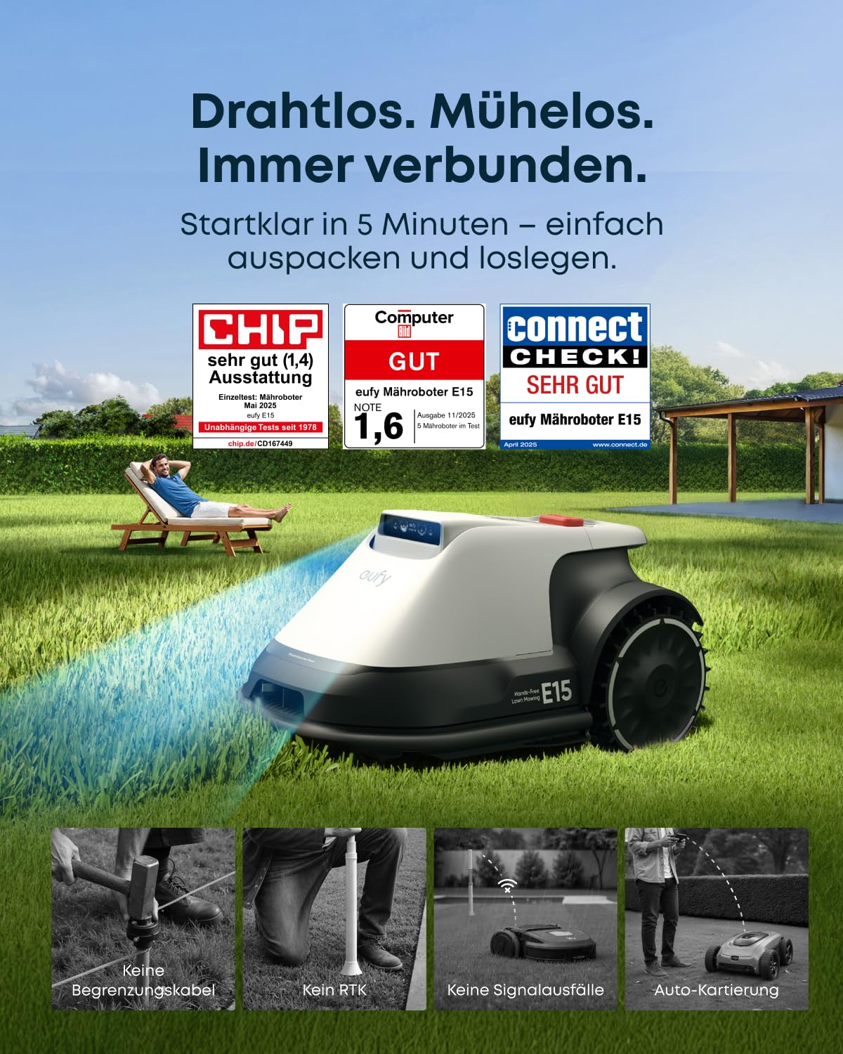 eufy E15 Mähroboter ohne Kabel, TrueVision Navigation, bis 800m², Präziser Randschnitt, Hindernisvermeidung, App-Steuerung
