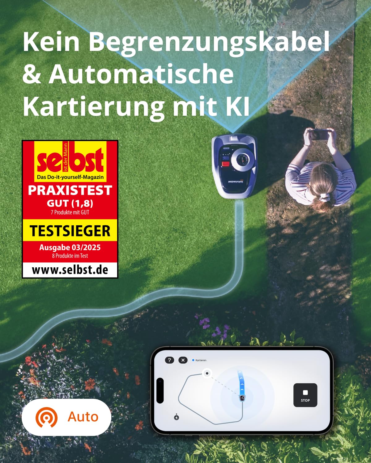 Navimow i105E Mähroboter ohne Kabel, bis 600m², RTK+Vision Navigation, Auto-Kartierung, KI Hindernisvermeidung, Igelschutz