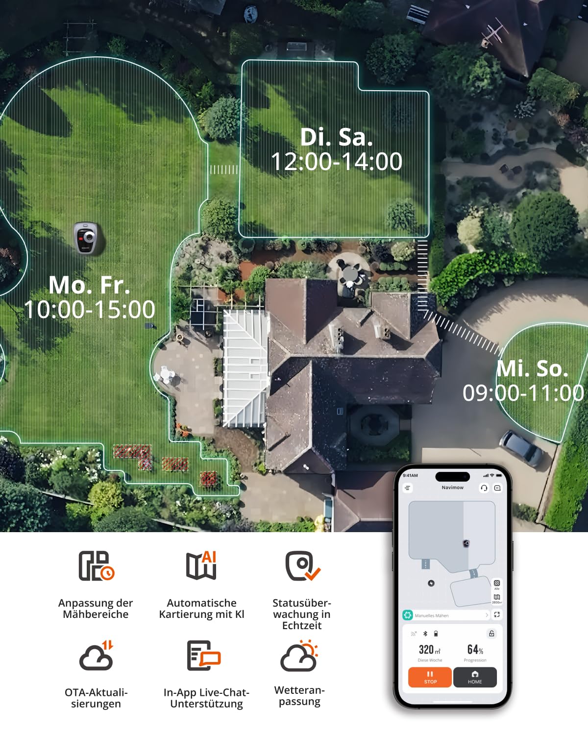 Navimow i105E Mähroboter ohne Kabel, bis 600m², RTK+Vision Navigation, Auto-Kartierung, KI Hindernisvermeidung, Igelschutz