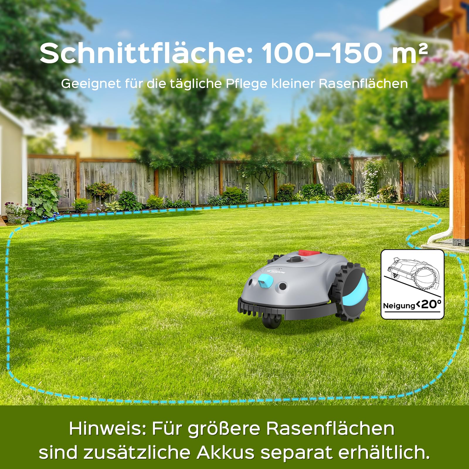 YARDCARE V100 Mähroboter ohne Begrenzungskabel, Vision Navigation, bis 150m², Hinderniserkennung, Ersatzklingen, Spiralschnitt