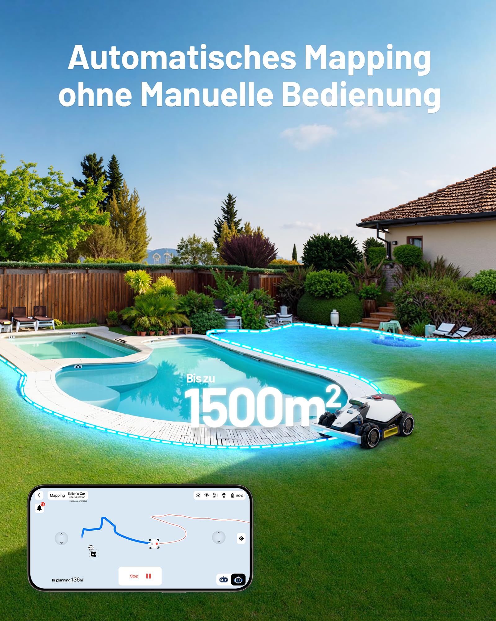 MAMMOTION LUBA mini AWD 800 Mähroboter ohne Kabel, Auto-Kartierung, bis 1000m², NetRTK+Vision, 80% Steigung, 4G Modul