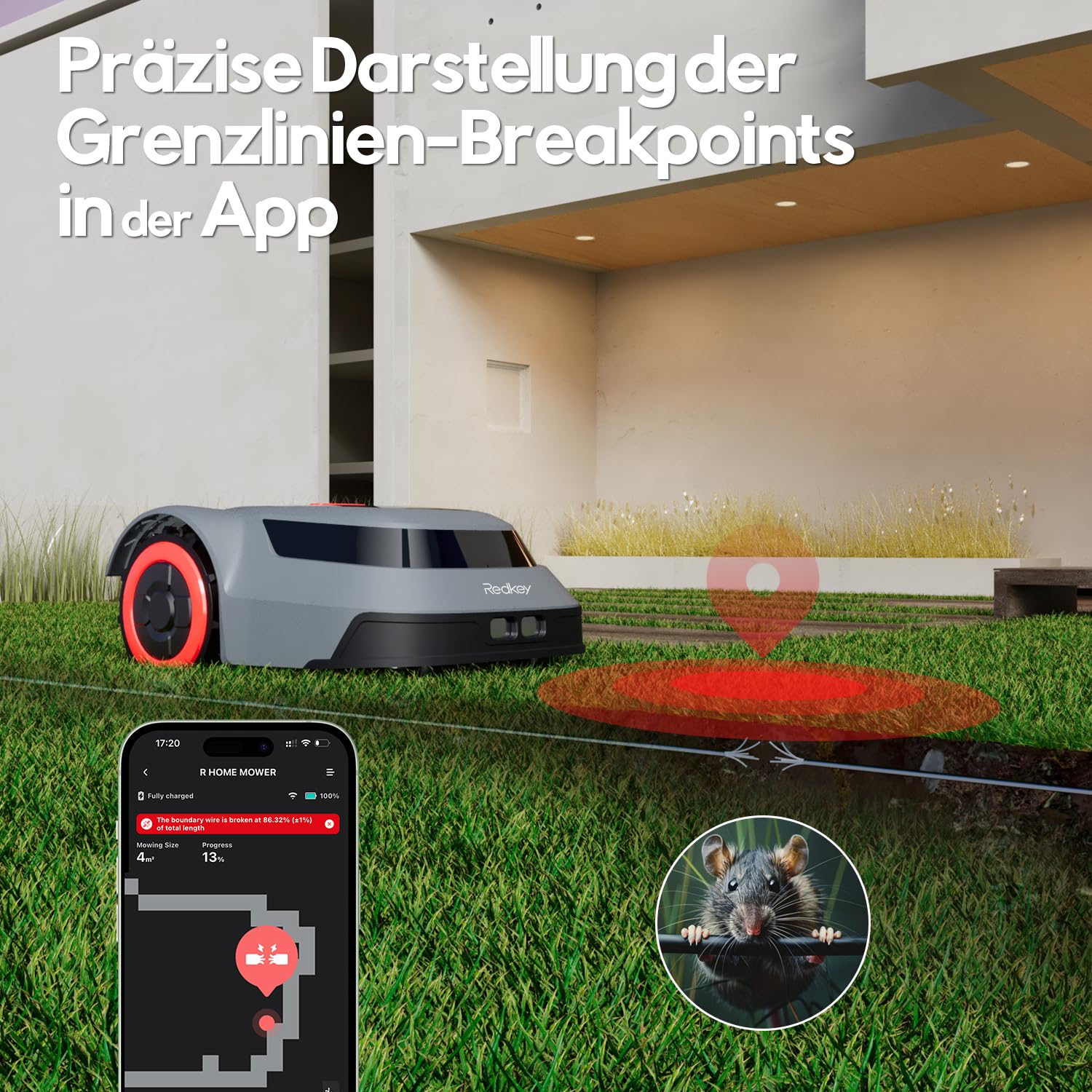 Redkey MGC500 Mähroboter, bis 800m², APP-Steuerung, Automatisch, Kabelbruch-Finder, 45% Steigung, Intelligente Schnitthöhe