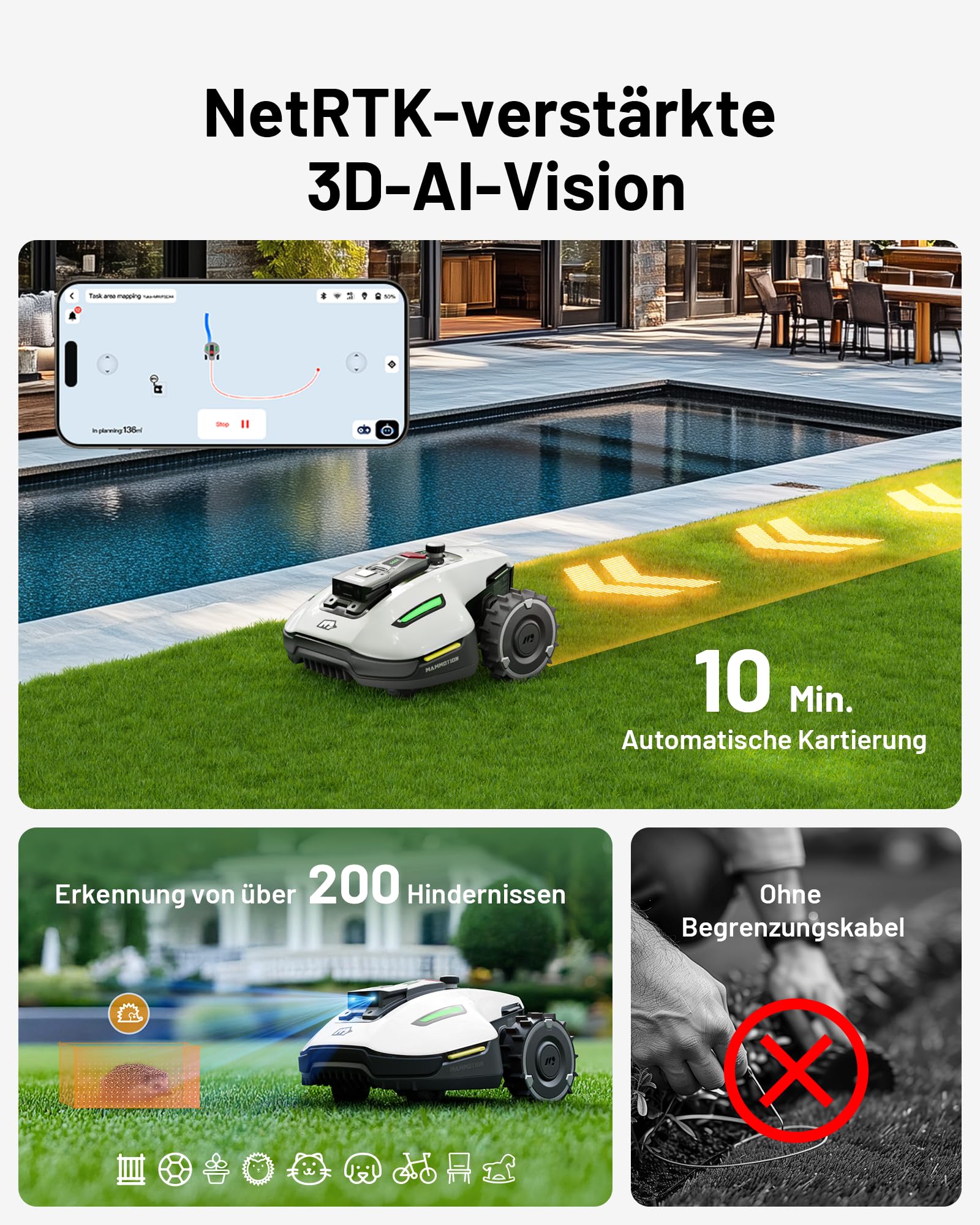 MAMMOTION YUKA Mini 500 Mähroboter ohne Kabel, bis 500m², NetRTK+Vision Navigation, KI Hindernisvermeidung, 4G Modul, 50%