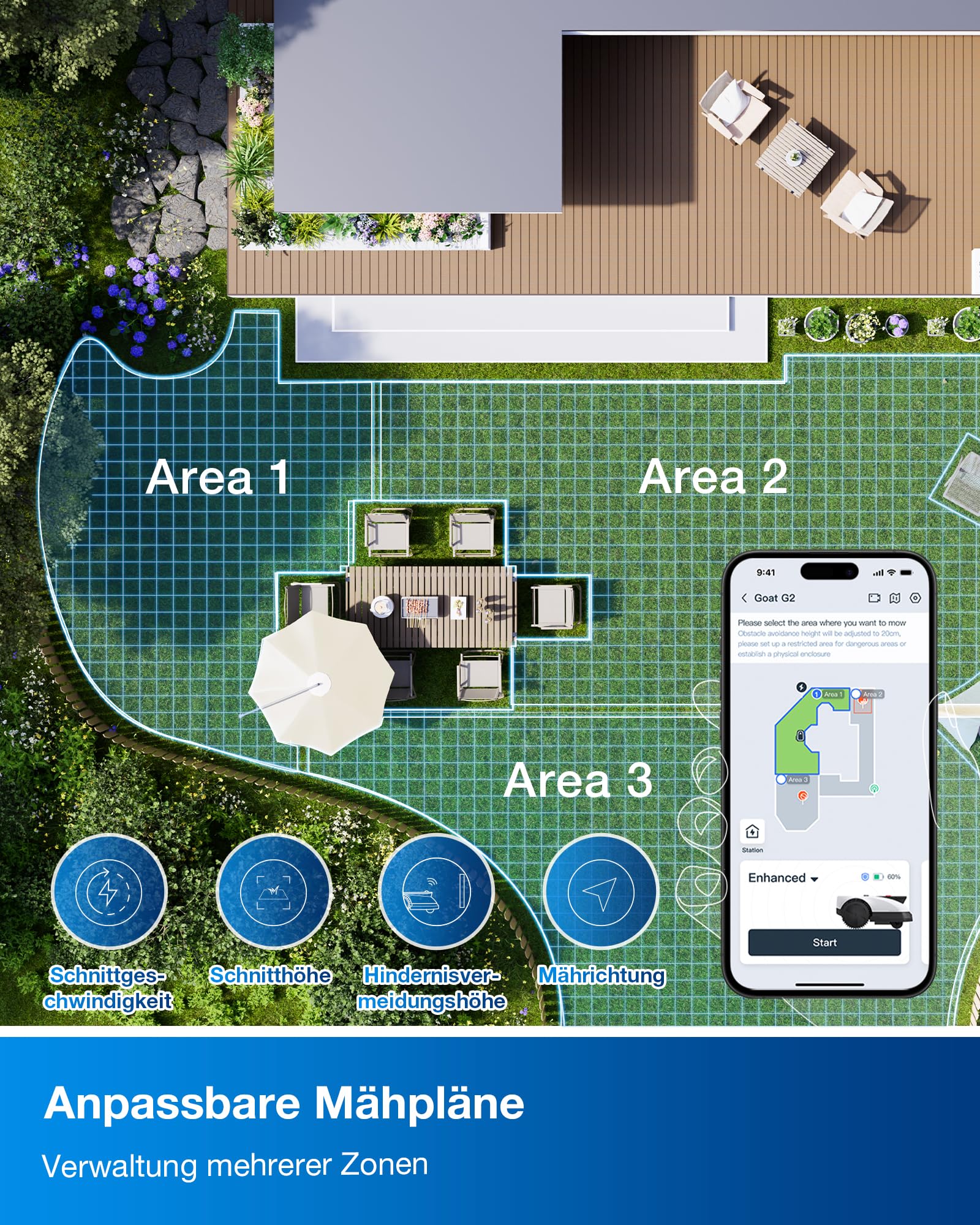 ECOVACS Goat O500 Mähroboter ohne Begrenzungskabel, 500m², Auto-Kartierung, LiDAR Vision Navigation, Setup-frei, 0.7m Engstellen