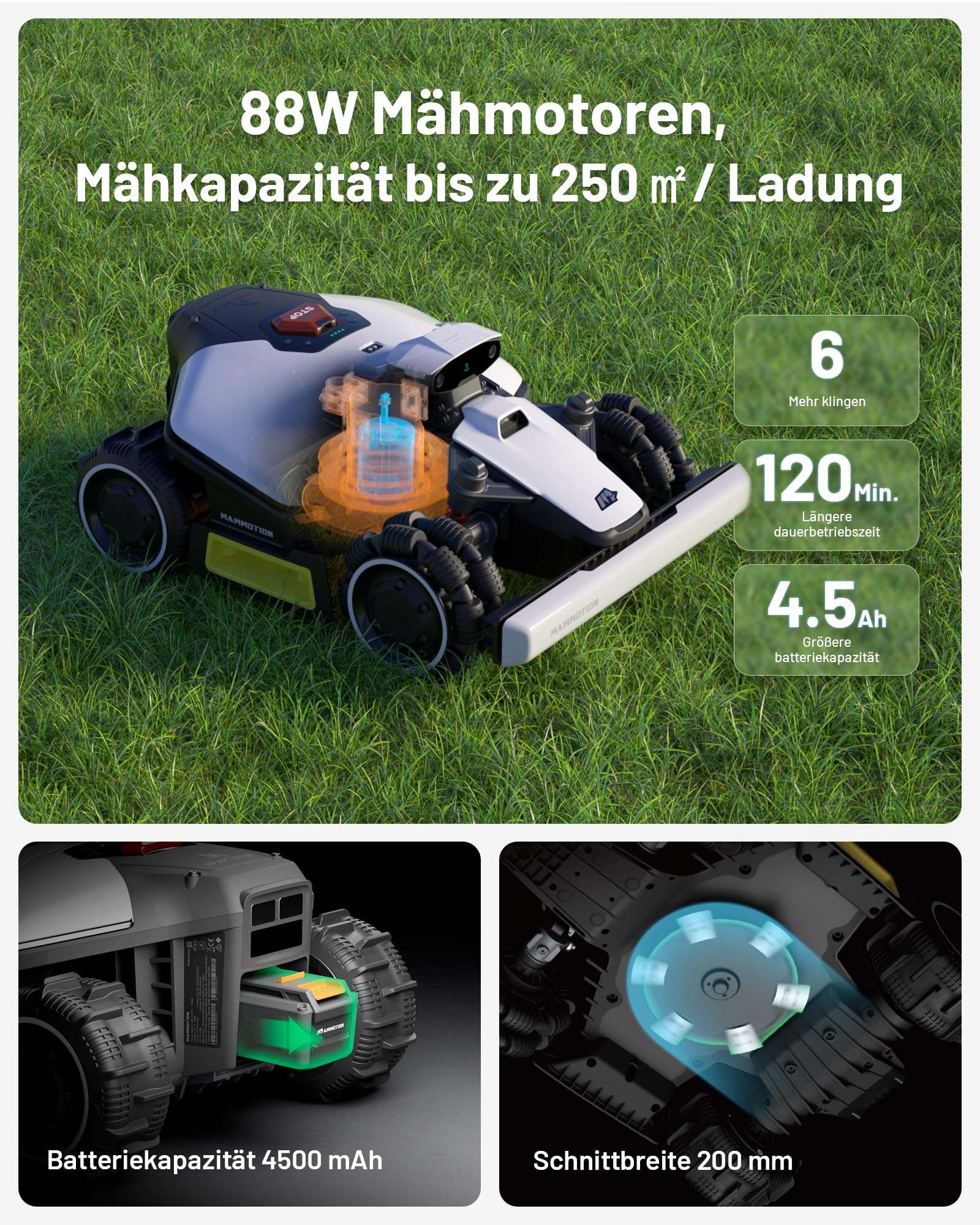 MAMMOTION LUBA mini AWD 800 Mähroboter ohne Kabel, Auto-Kartierung, bis 1000m², NetRTK+Vision, 80% Steigung, 4G Modul