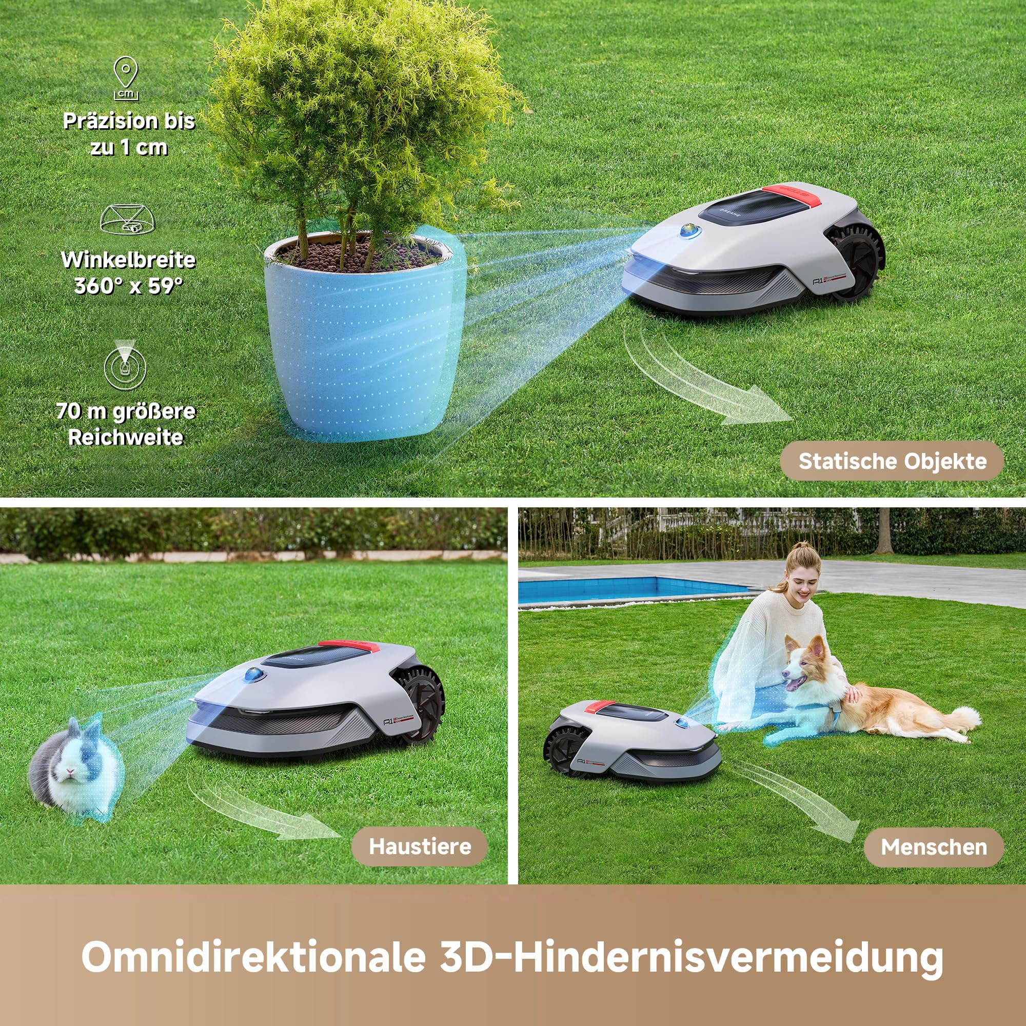 dreame A1 Pro Mähroboter ohne Kabel, 3D-LiDAR, 2000m², OmniSense Technologie, Intelligente Zonen, Hindernisvermeidung, App